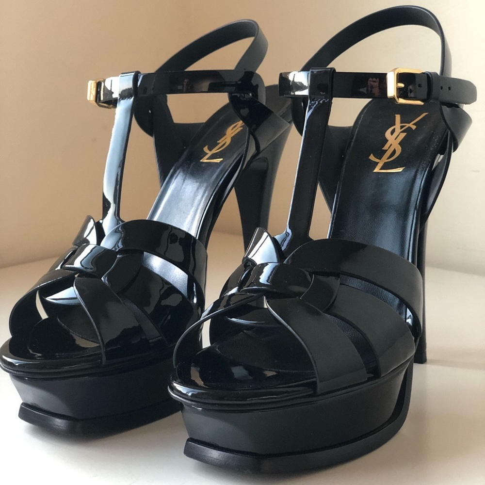 YSL Yves Saint Laurent Tribute Black Patent Sandals, size 38.